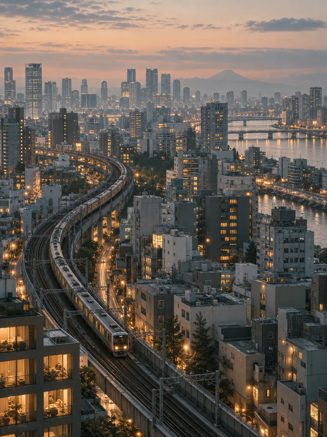 An elevated railway weaving through a dense city at dusk, editorial artwork
